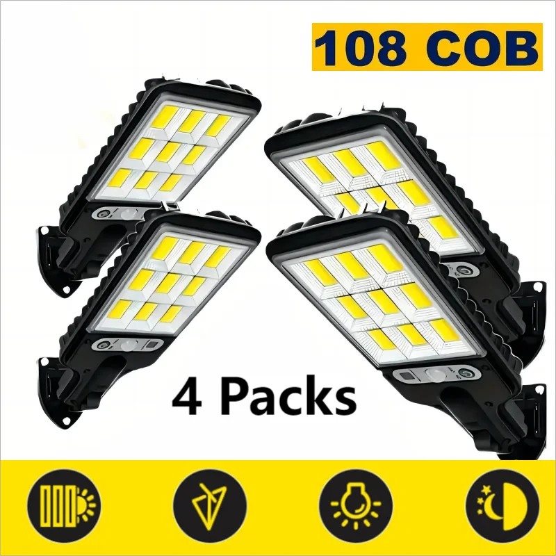 1/2/4-Pack Solar Street Lights – 108 COB LED Outdoor Wall Lights with Remote Control, Motion Sensor & Adjustable 3 Modes