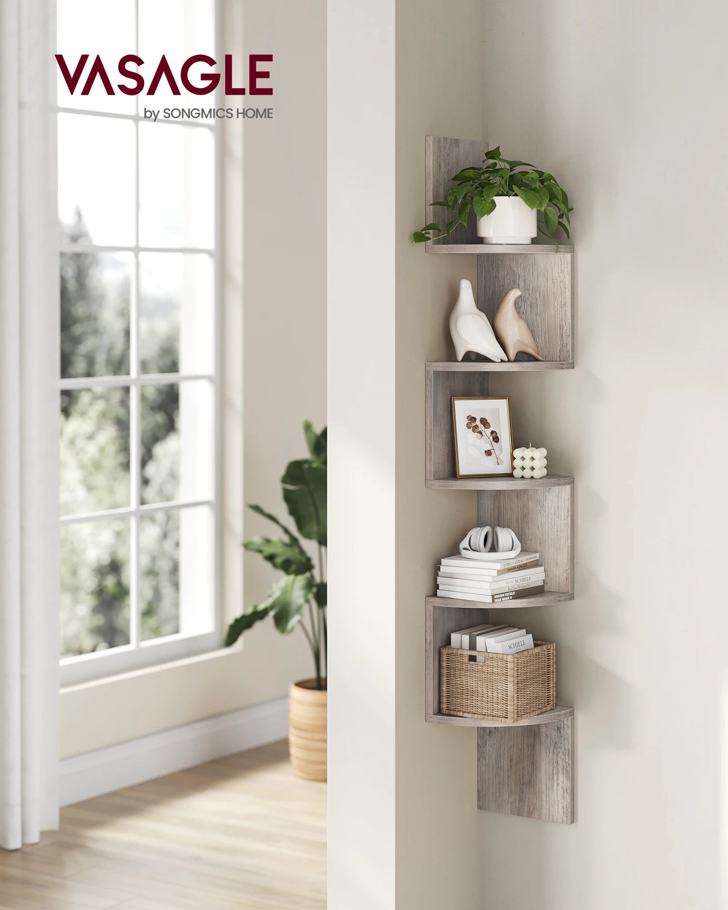 VASAGLE 5-Tier Corner Wall Shelf – Floating Bookshelf & Plant Display for Bedroom, Living Room, Bathroom, Home Office