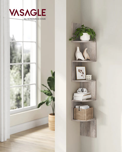 VASAGLE 5-Tier Corner Wall Shelf – Floating Bookshelf & Plant Display for Bedroom, Living Room, Bathroom, Home Office
