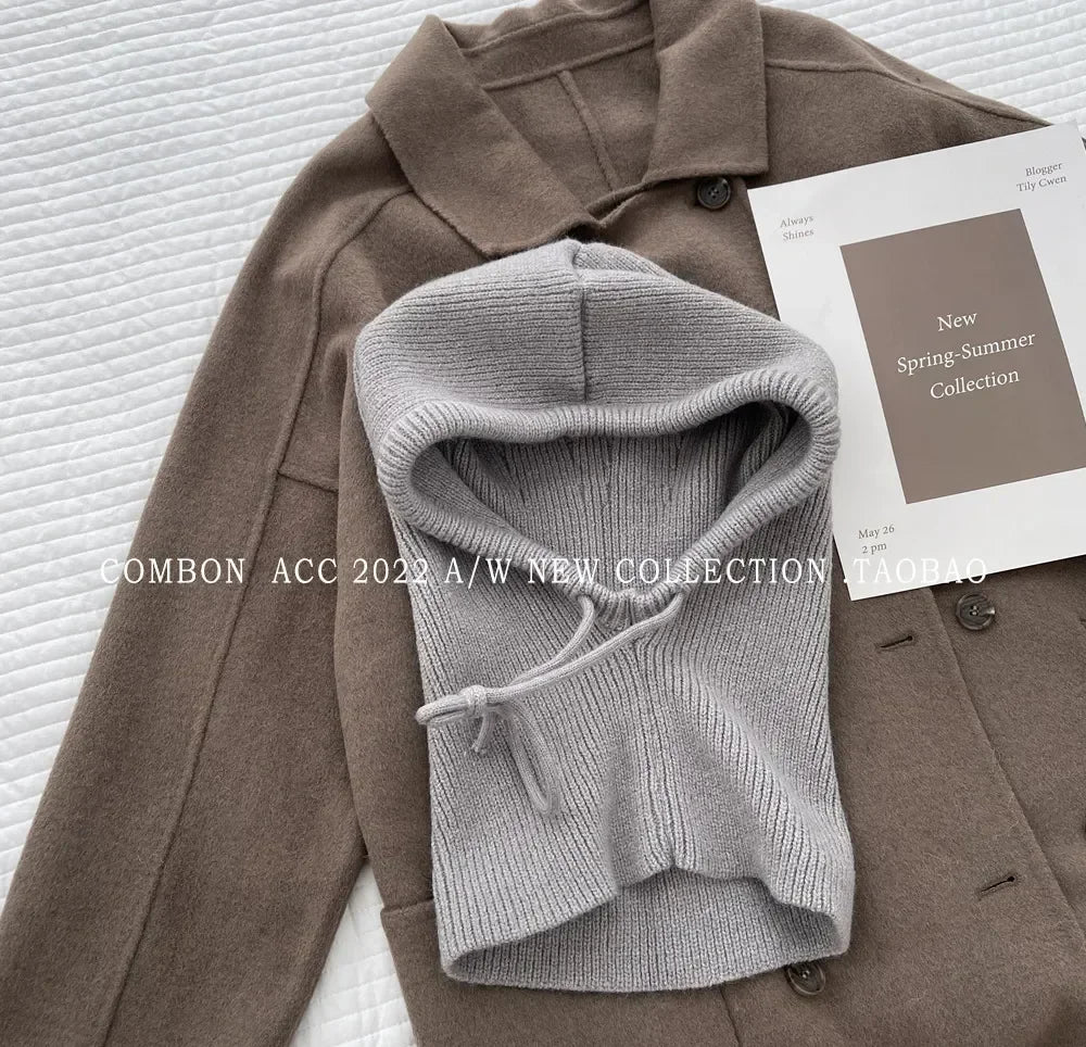 Winter Knitted Hooded Balaclava Hats for Women – Korean Style Outdoor Warmer Beanie with Drawstring Neck Collar