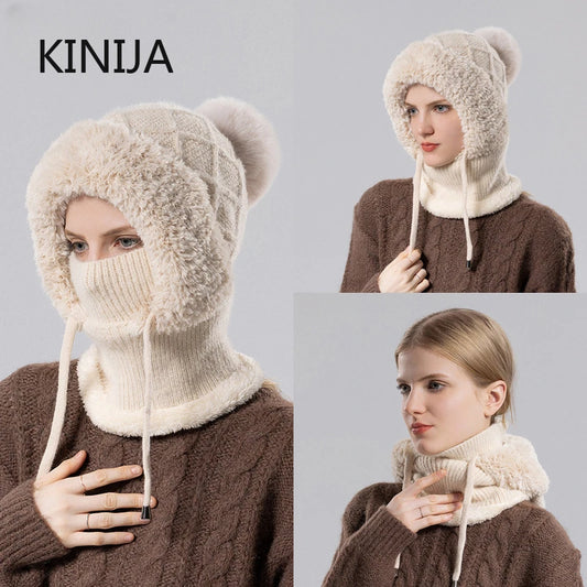 Women's Winter Velvet Knitted Woolen Balaclava - Fluffy Ear Protection Mask with Integrated Neck Warmer, Hooded Cap for Ladies
