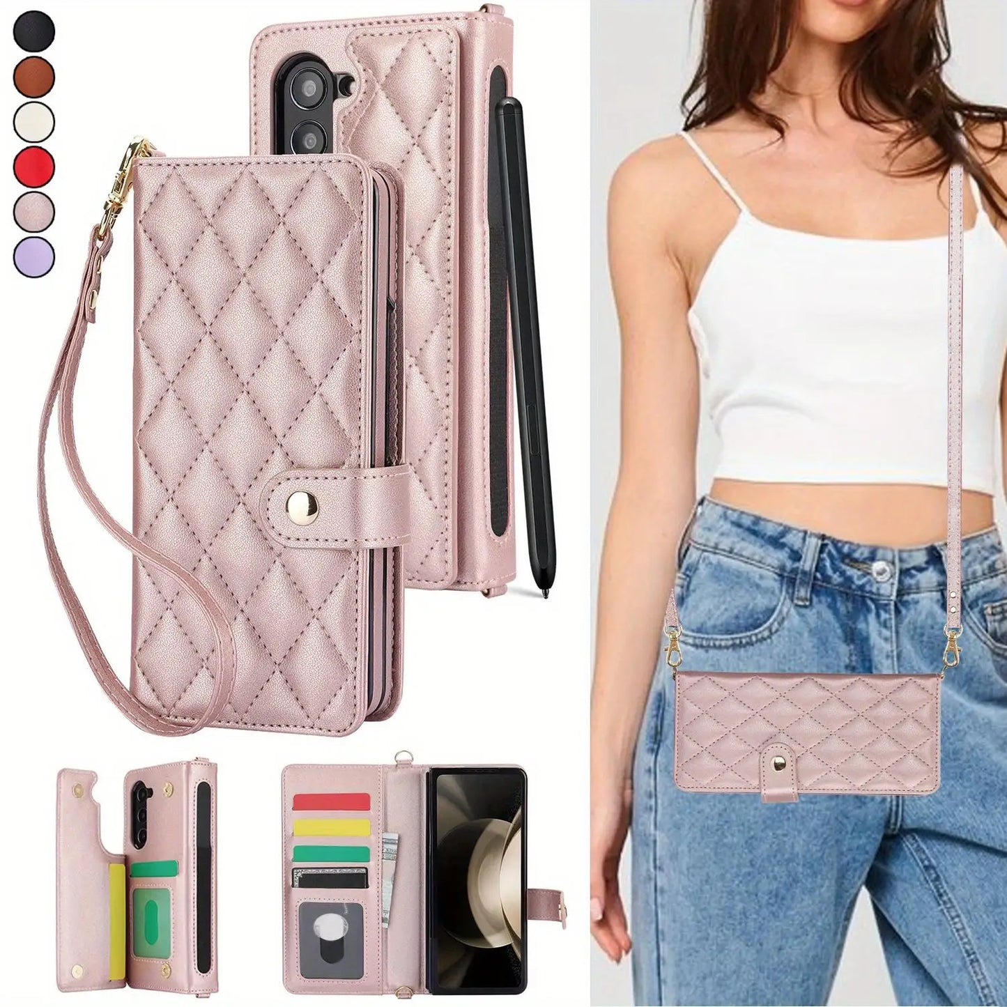 PU Leather Flip Wallet Case for Samsung Galaxy Z Fold 6/5/4/3 5G – Card Holder, Wrist Strap, Crossbody Stand Cover