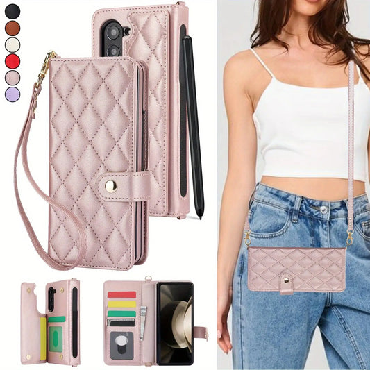 PU Leather Flip Wallet Case for Samsung Galaxy Z Fold 6/5/4/3 5G – Card Holder, Wrist Strap, Crossbody Stand Cover