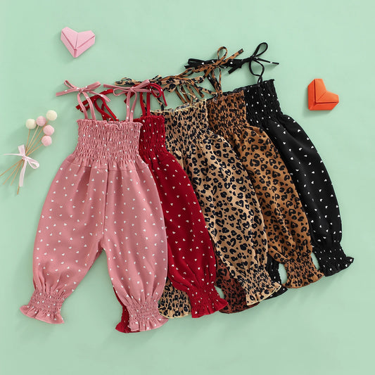 Lioraitiin Toddler Girl Sling Jumpsuit – Heart & Leopard Print Pleated Tie-Up Overalls Romper for Ages 0-4 Years