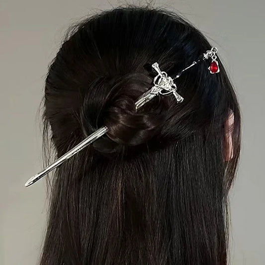 Vintage Chinese Sword Hair Stick – Ruby Pendant Punk Style Hairpin for Women Trendy Hair Accessory