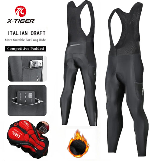 X-TIGER Thermal Winter Cycling Bib Pants for Men with 5D Gel Padding & Back Pocket – Fleece Sports MTB & Road Bike Warm Bibs