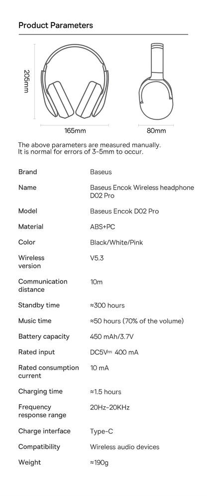 Baseus D02 Pro Wireless Headphones - Bluetooth 5.3, Foldable Sport Headset, Over-Ear Gaming Bluetooth Earbuds