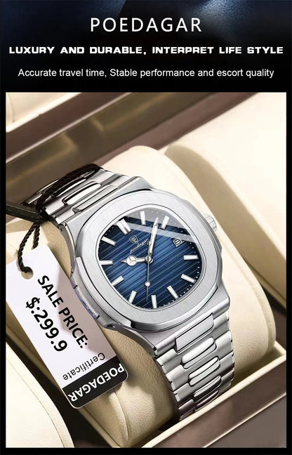 POEDAGAR Luxury Men's Watch – 30ATM Waterproof, Stainless Steel Square Quartz, Luminous Date, Business reloj hombre