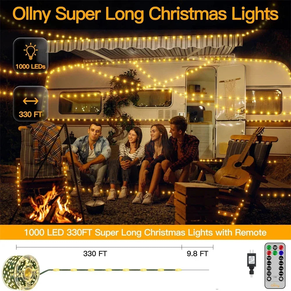 1000 LED Green Wire Fairy String Lights | Waterproof Christmas Tree & Holiday Decor, US/EU Plug 110V/220V