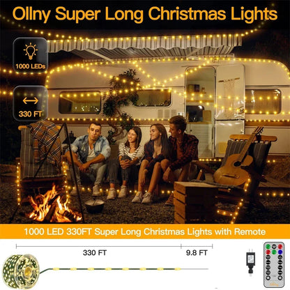 1000 LED Green Wire Fairy String Lights | Waterproof Christmas Tree & Holiday Decor, US/EU Plug 110V/220V