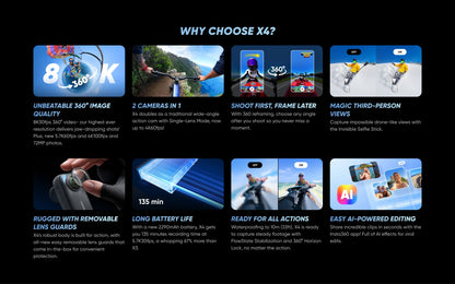 Insta360 X4 8K Waterproof 360 Action Camera – 2290mAh Battery, 2.5'' Touchscreen, 4K Wide-Angle Video