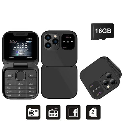 SERVO I16 Pro Mini Fold Mobile Phone — Dual SIM 2G GSM Flip Cellphone with Speed Dial, FM, 3.5mm Jack & Video Player