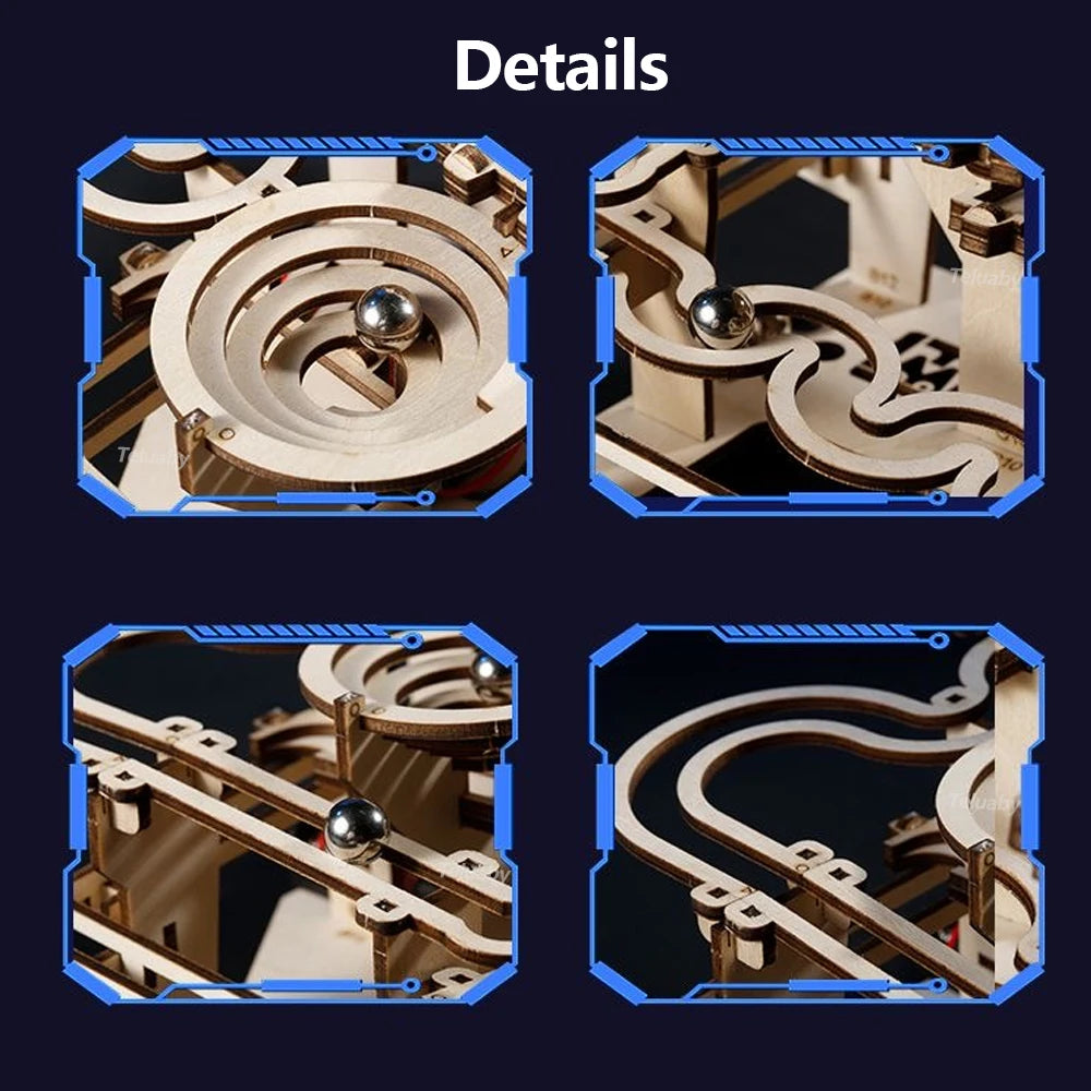 3D Wooden Puzzle DIY Mechanical Model Kit – Marble Run Set with 4 Balls, Assemble Toys for Adults & Kids, Unique Gifts