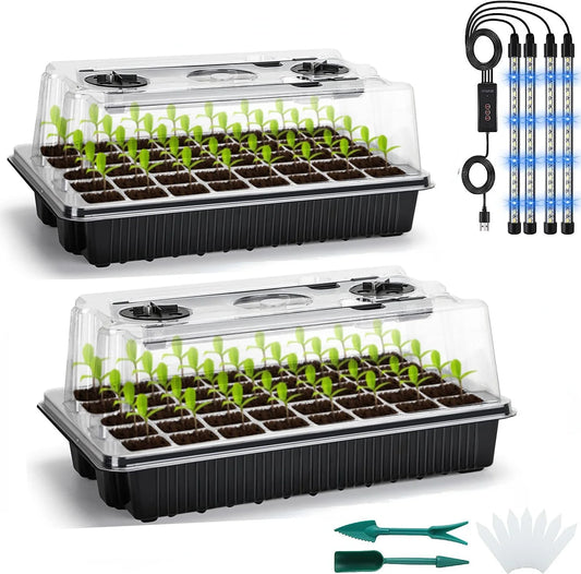 2-Pack 80-Cell Seed Germination Tray Set — High-Dome Seed Starter Kit with 4 LED Grow Lights & Intelligent Timer