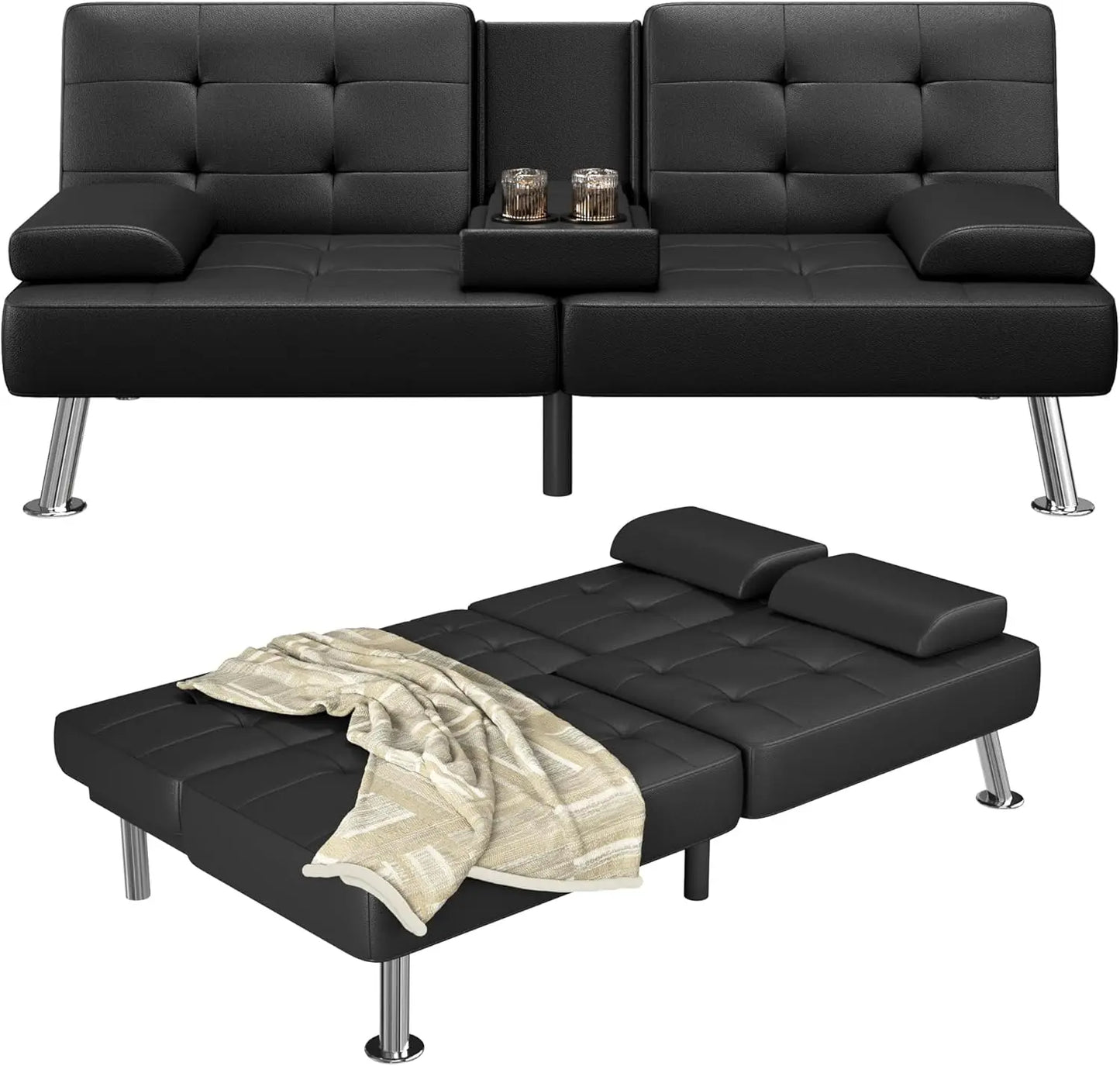 Adjustable PU Leather Futon Sofa Bed with Built-in Cup Holders – Modern Convertible Sleeper Couch