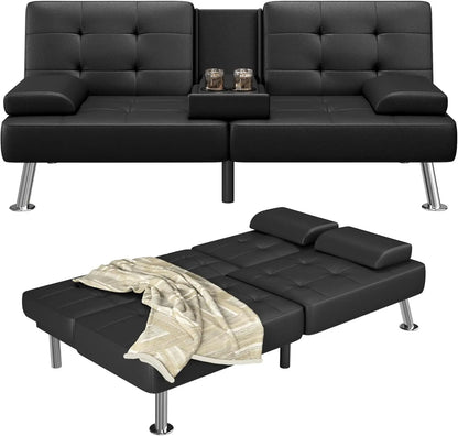 Adjustable PU Leather Futon Sofa Bed with Built-in Cup Holders – Modern Convertible Sleeper Couch