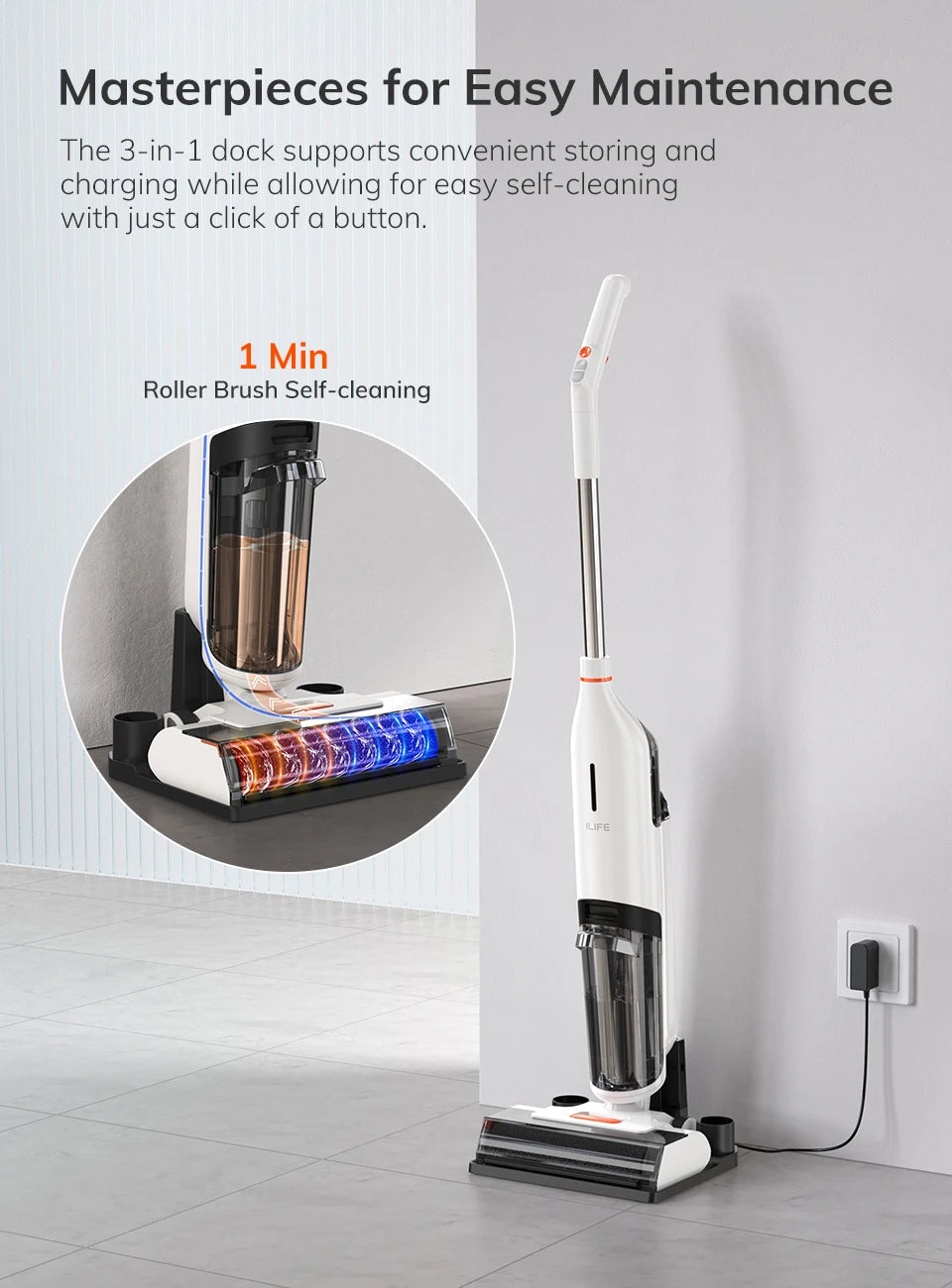 ILIFE W90 Cordless Wet Dry Smart Mop – 5500Pa Suction, Self-Cleaning in 1 Minute, Large Dual Water Tank