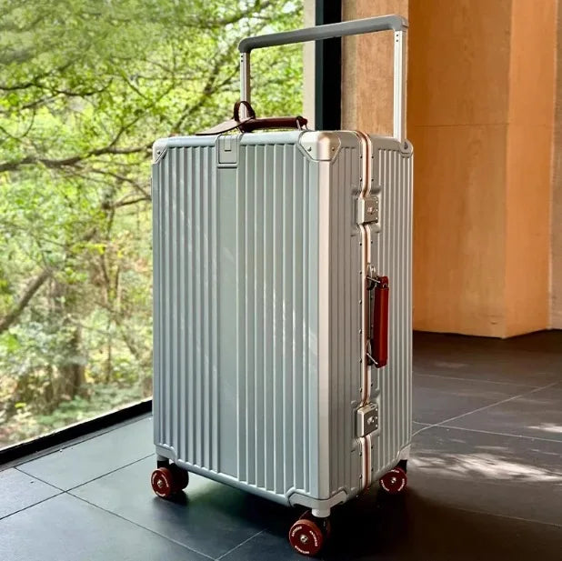Aluminum Frame Rolling Luggage — Wide Handlebar Trolley Suitcase with Colorful Silent Spinner Wheels, TSA Lock & Large Capacity