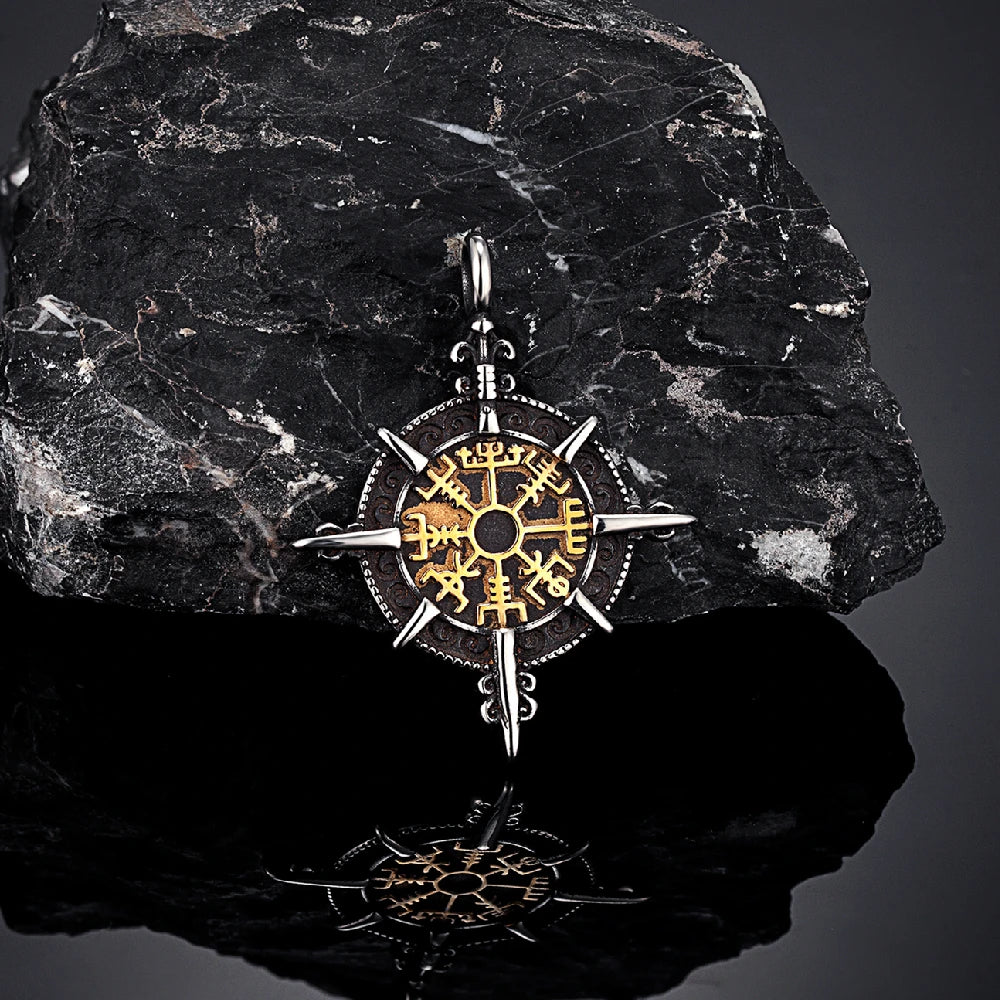 Retro Gold Viking Compass Necklace – Antique Stainless Steel Norse Rune Vegvisir Amulet Pendant for Men