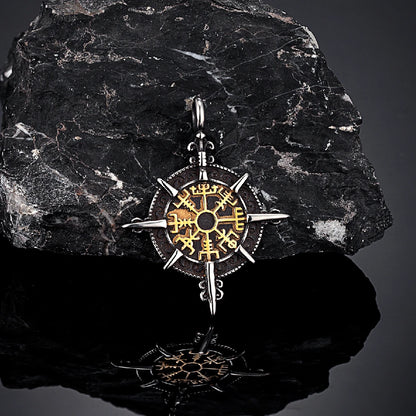 Retro Gold Viking Compass Necklace – Antique Stainless Steel Norse Rune Vegvisir Amulet Pendant for Men