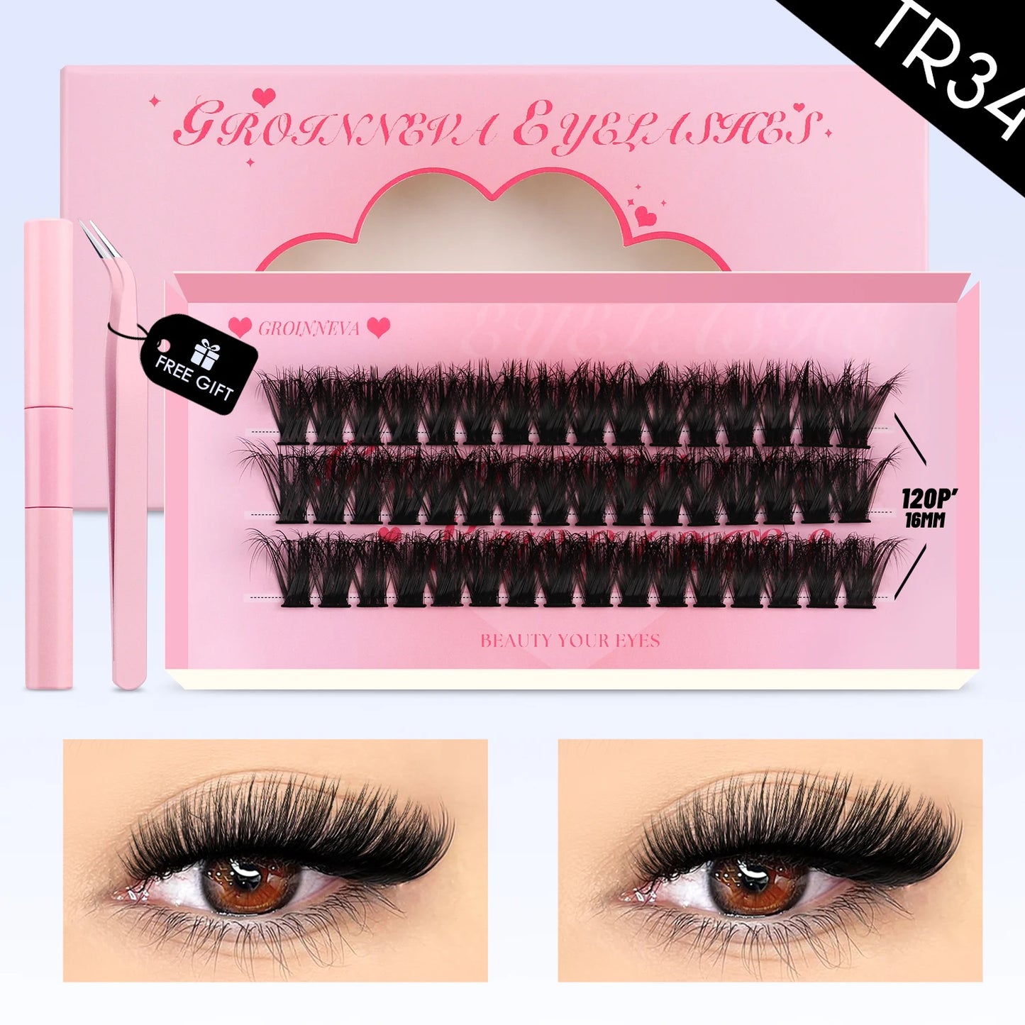GROINNEYA Eyelash Clusters Kit – DIY Lash Extension with Bond & Seal, Waterproof Strong Hold & Tweezers