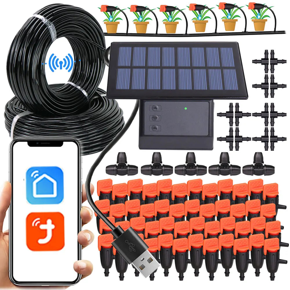 Tuya WiFi Solar Smart Drip Irrigation System — Remote Control Watering Kit for Garden & Balcony Plants