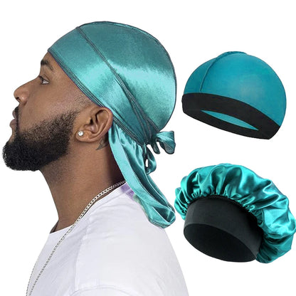 Men’s Silky Durag with Long Tail - Pirate Hat, Headband, Turban, Wave Cap, Unisex Satin Wig Cap with Elastic Band