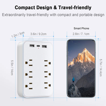 9-in-1 Surge Protector Power Strip: 6-Outlet Extender with 2 USB & 1 USB-C Ports - Multi Plug Outlets Wall Adapter Spaced for Home