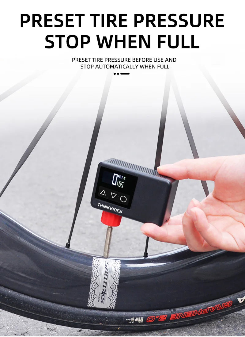 ThinkRider 120 PSI Mini Electric Bike Pump – Portable Tire Inflator with Digital Gauge Display