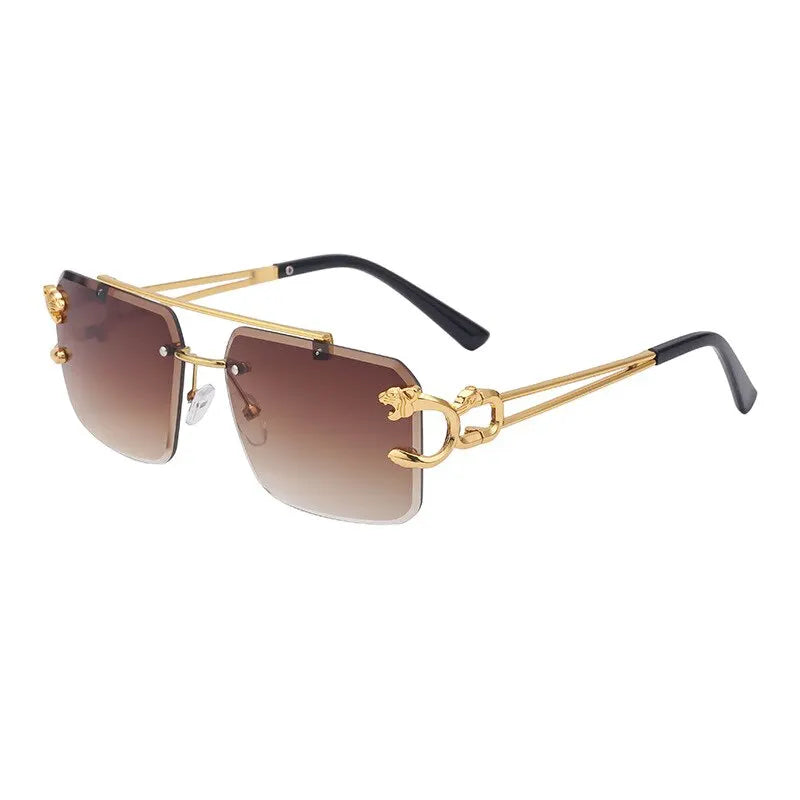 Metal Leopard Rimless Sunglasses: Gradient Ocean Film Shades with Double Bridges - Fashion UV400 Eyewear