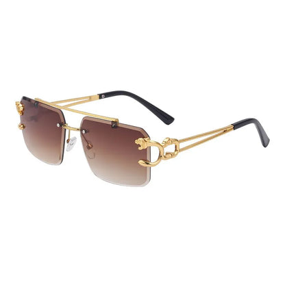 Metal Leopard Rimless Sunglasses: Gradient Ocean Film Shades with Double Bridges - Fashion UV400 Eyewear