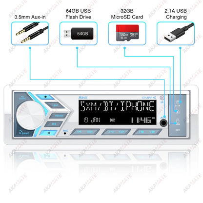 AKAMATE 1Din Boat Radio — Bluetooth Marine Media Stereo Player with AUX, USB, Remote Control, FM/AM for RV, ATV, UTV, SPA, RZR