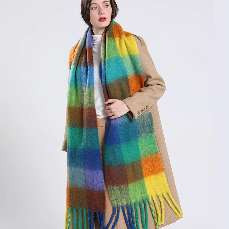 2025 Women's Winter Thick Cashmere Scarf – Warm Pashmina Shawl with Rainbow Tassels & Wraps