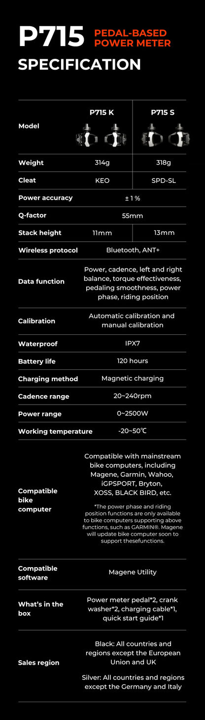 Magene P715 Bike Power Meter Pedals — 1% Accuracy Cadence & Balance, Compatible with KEO & SPD-SL Cycling Pedals