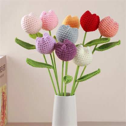 Hand-Knitted Rose, Tulip & Sunflower Bouquet – Crochet Simulation Floral Arrangement for Home Table Decor