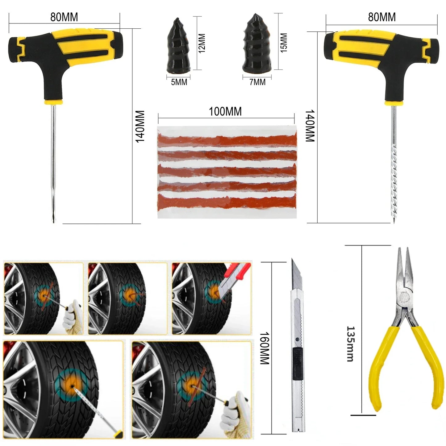 Car Repair Tool Kit – Emergency Tubeless Tire Repair, Glue & Garage Tool Set with Storage Bag