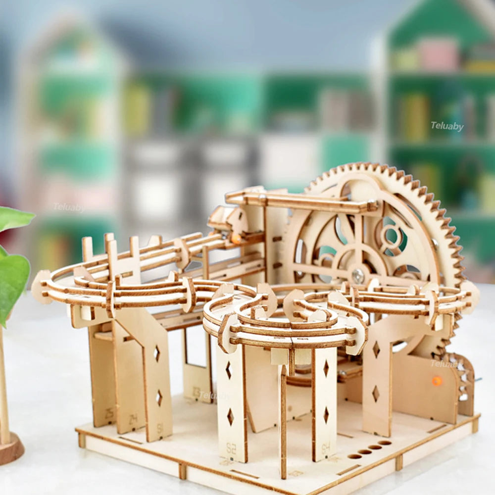 3D Wooden Puzzle DIY Mechanical Model Kit – Marble Run Set with 4 Balls, Assemble Toys for Adults & Kids, Unique Gifts