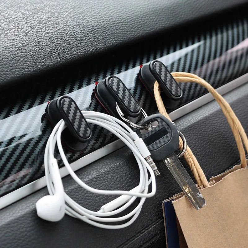 Car Invisible Small Hooks - Carbon Fiber Self-Adhesive Dashboard Wall Hook for USB Cables, Headphones, & Key Storage