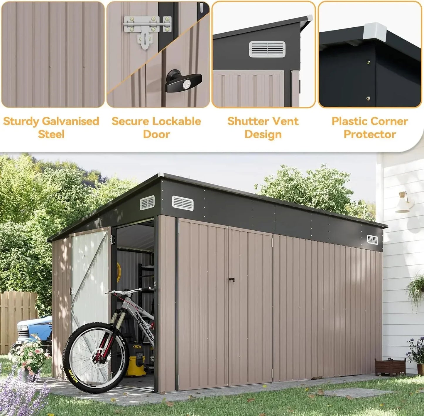 11.5'x7.5' Outdoor Metal Storage Shed – Triple Lockable Door with Sloping Roof for Tools & Bicycles