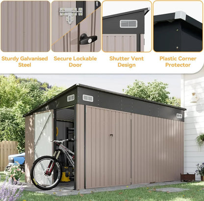 11.5'x7.5' Outdoor Metal Storage Shed – Triple Lockable Door with Sloping Roof for Tools & Bicycles