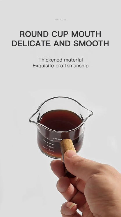 75ML Glass Coffee Measuring Cup with Wooden Handle — Espresso, Milk & Latte Transparent Cup with Scale, Kitchen Coffee Barista Tool