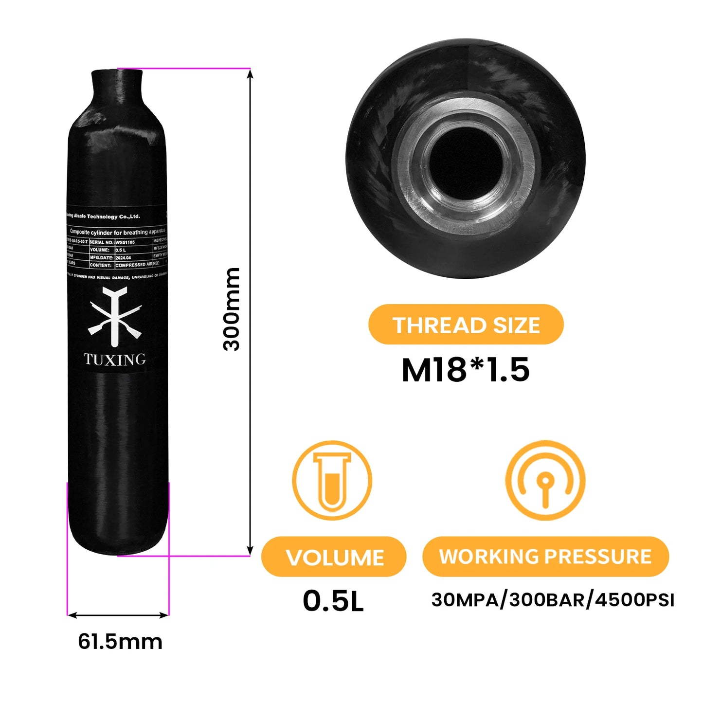 TUXING 4500PSI 300BAR 30MPA 0.5L Carbon Fiber Scuba Diving Cylinder HPA High-Pressure Tank M18*1.5