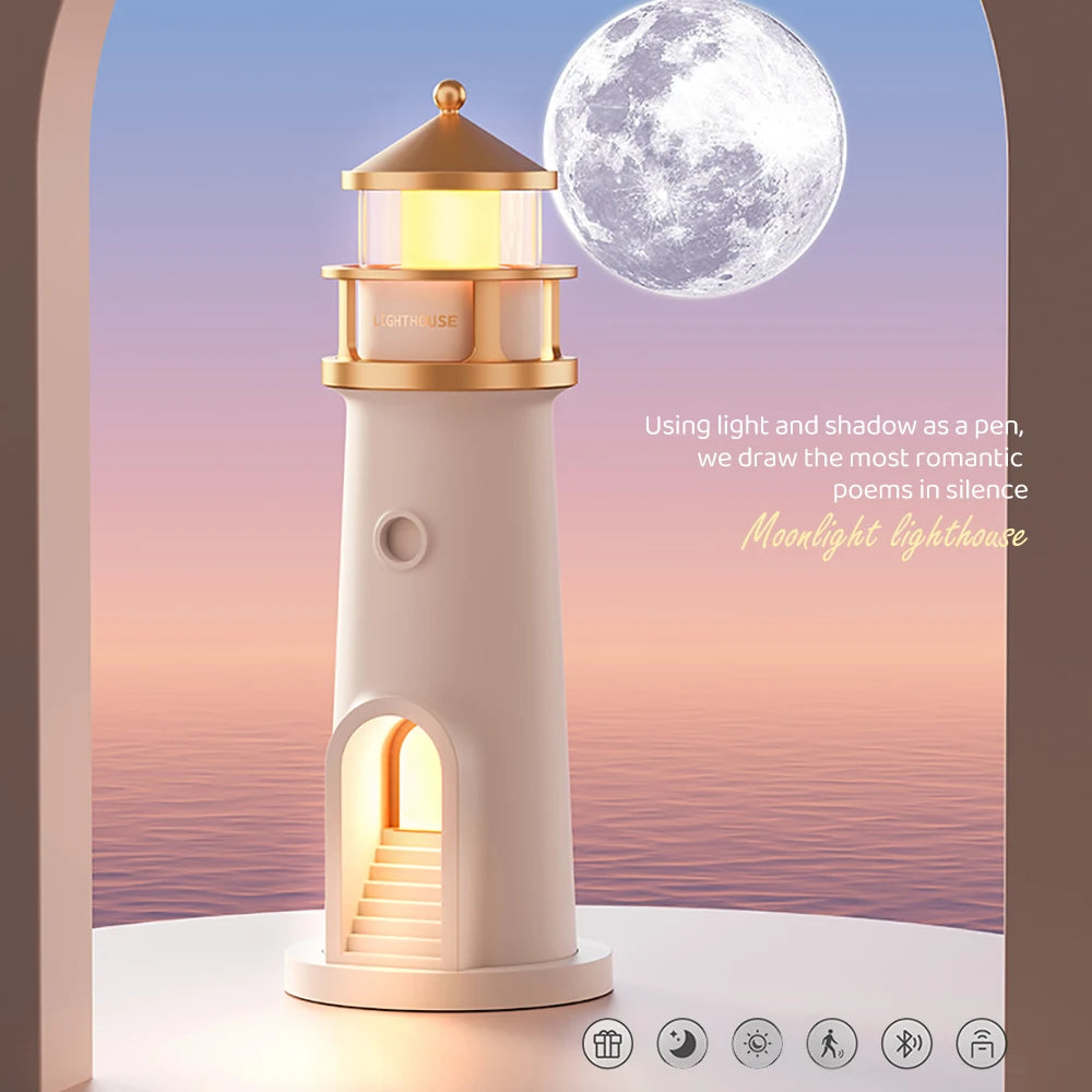 Moon Projection Lighthouse Night Light – Dimmable, Motion Sensor, Bluetooth Music, Timing Ambient Lamp for Christmas & Birthday Gift