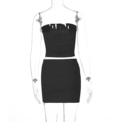 Hugcitar Solid Sleeveless Folds Tube Crop Top & Skirt Set – 2 Piece Summer Fashion Streetwear, Beach Clothing