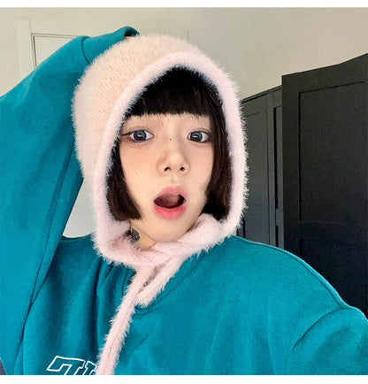 Y2K Cute Beanie Hat – Warm Japanese Knit for Autumn & Winter, Ear Protection, Tie Pullover Cap for Men & Women