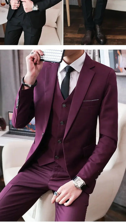 Men’s 3-Piece Suit 6XL — Blazer, Vest & Trousers, Italian Style Fashion Business Wedding Formal Gentleman Dress