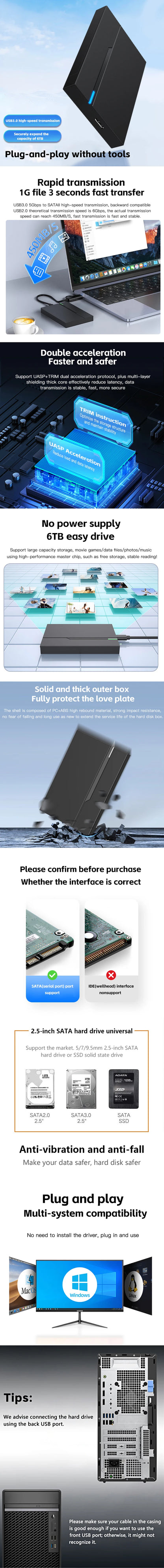 2.5" External Hard Drive Enclosure – USB 3.0 Case for 6TB SATA SSD/HDD, Supports 7mm & 9.5mm for Laptop & PC