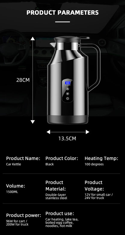 Yangood Portable Car Kettle 1500ML — Large Capacity 304 Stainless Steel Water Heater, 12V/24V for Travel, Tea, and Coffee