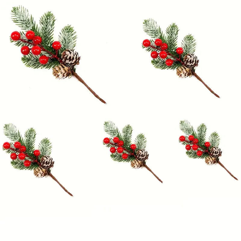 Set of 5 Realistic Artificial Winter Berries & Pine Branches – Christmas Home Decor