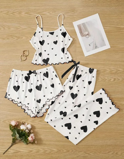 Women’s Autumn Winter Pajama Set – Heart Print Sleeveless Cami Top & Long Pants Sleepwear
